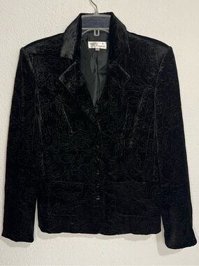 Marc Allan Vintage Black Velvet Lapel Blazer Embroidered Floral Design 8